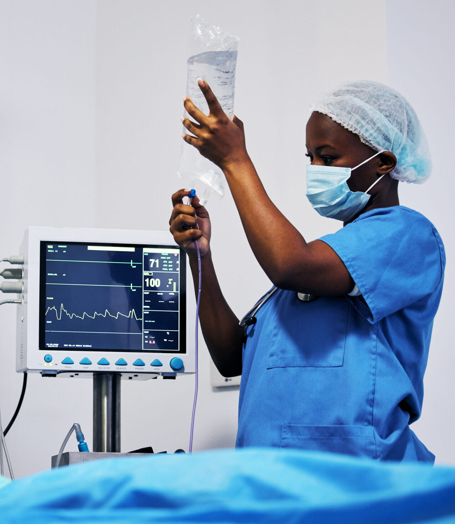 Hospital, nurse with face mask and iv drip for patient in bed, clinic or medical emergency, surgery.